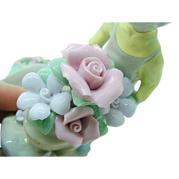 Vintage Pastel Ceramic Porcelain Figurines with Wheelbarrow Filled with Flowers - Picture 5 of 12